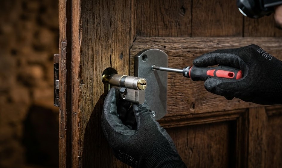 Especialista Cerrajero instalando cerradura anti-bumping en puerta de madera de una masía en Olot, Girona